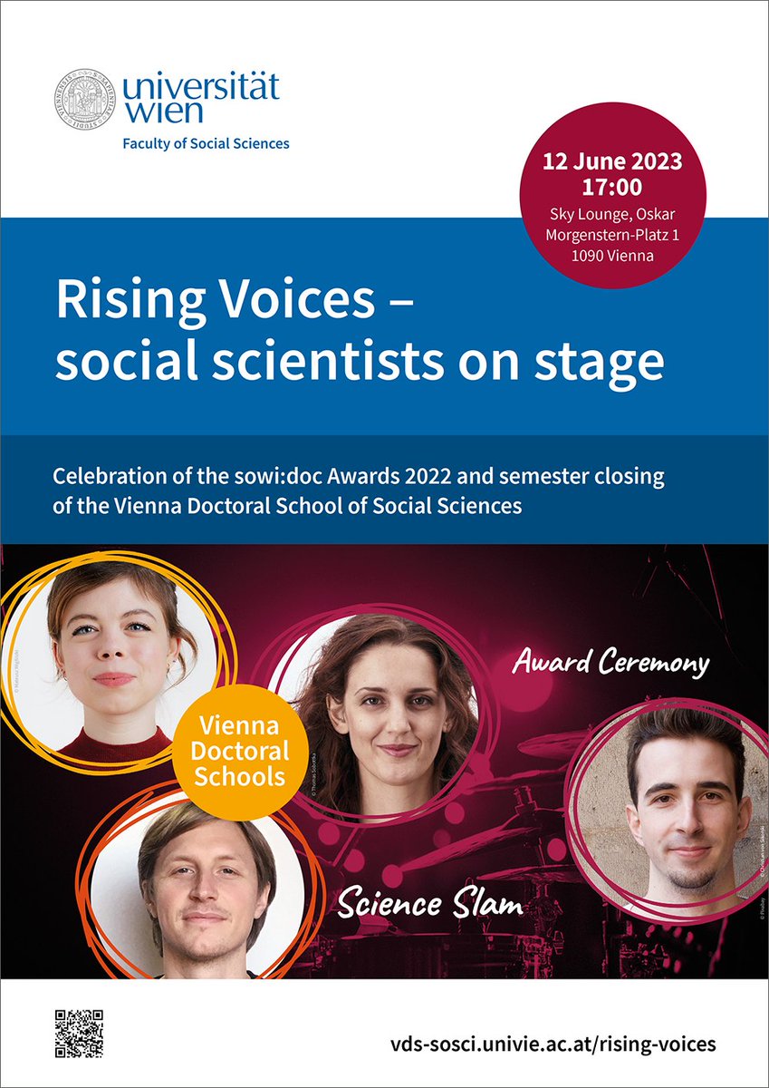 Social scientists on stage! Join us on the rooftop terrace of the @univienna for a #ScienceSlam and the celebration of the sowi:doc #awards. 
12 June 2023, 17:00 
#earlystageresearcher #SocialSciences #phdlife 

vds-sosci.univie.ac.at/your-benefits/…