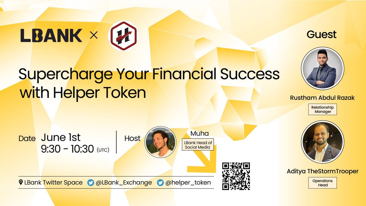 🎙 Join our Twitter Space with $HLPR  @helper_token

🗓 June 1st, 9:30 - 10:30 (UTC)

👉🏻 Set your reminder here: twitter.com/i/spaces/1rmxP…

🖊Fill out the form to ask $HLPR questions:
forms.gle/XiLwgSLjQ4RQWA…