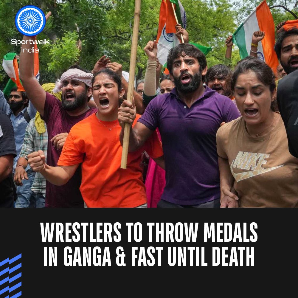 💔 Sad that it has come to this!

India’s top wrestlers Sakshi Malik, Bajrang Punia & Vinesh Phogat have said they will throw their medals in the Ganga today if their voices aren't heard by President & Prime Minister.

They also said they will sit on a fast until death at New…