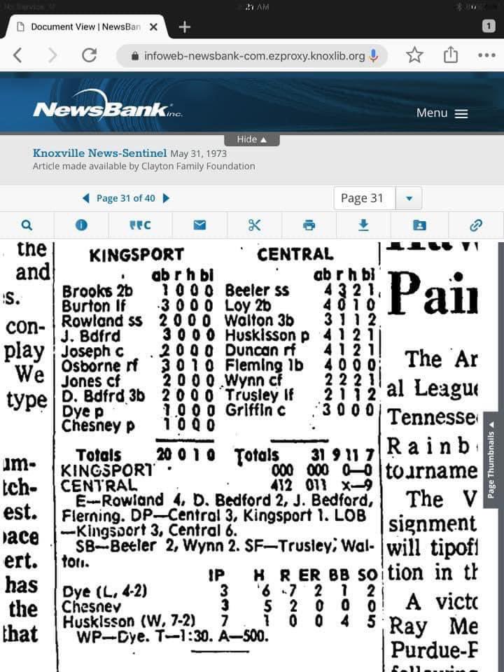 jdlambert3's tweet image. #TDIH
Wednesday May 30 1973
Central High Beats Kingsport 9-0
and advances to the TSSAA
baseball State Championship

Mike Huskisson with the Win 
and 2 hits 
Also with 2 Hits 
Lee Beeler, Kemp Wynn, Jeff Duncan 

#Boxscore