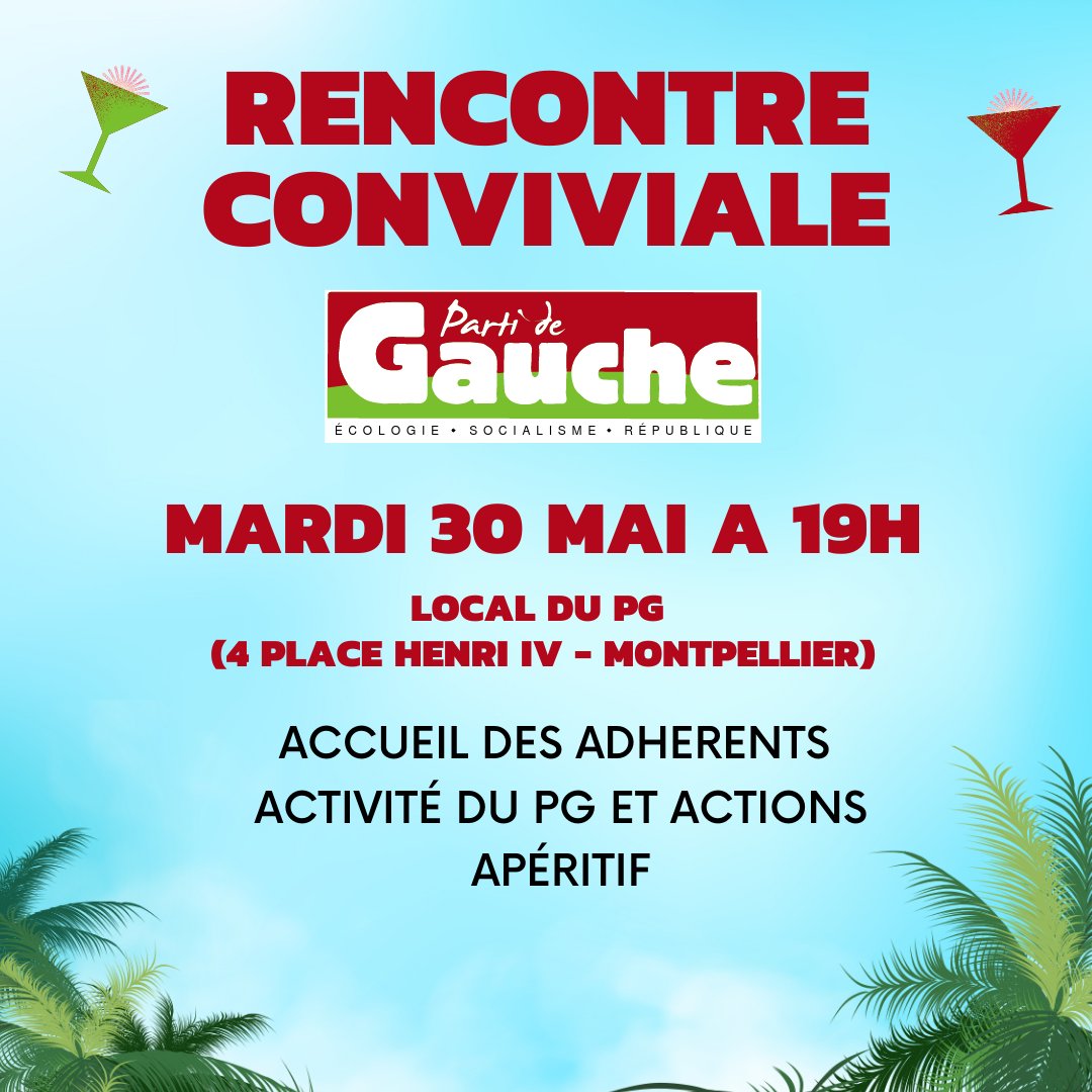Pg34Herault's tweet photo. Chers amis et sympathisants du Parti de Gauche
Nous avons le plaisir de vous convier ร une rencontre conviviale qui se tiendra leย mardi 30 mai ร 19 h dans notre local situรฉ au 4 place Henri IV, ร Montpellier.
Cette rรฉunion est ouverte ร tous nos adhรฉrents et sympathisants. https://t.co/qwjLi4KQUI