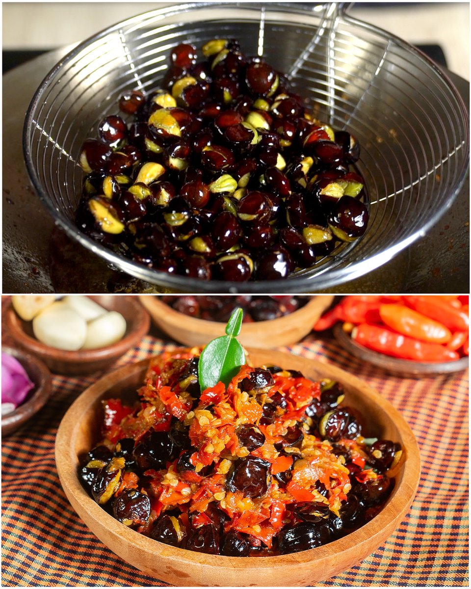 Two images of dark beans or seeds with green interiors: the top shows them in a metal strainer being drained, and the bottom shows them mixed with red chili sambal in a wooden bowl.