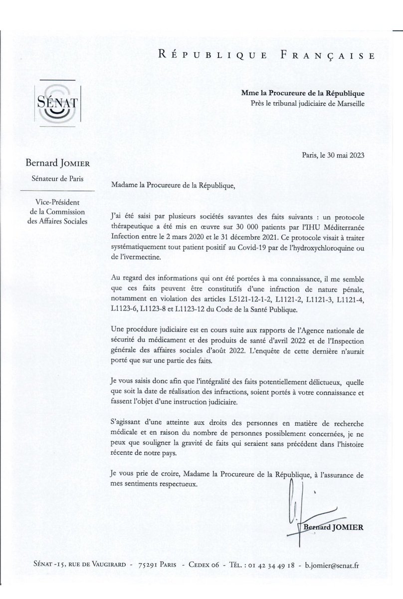 BernardJomier's tweet image. 30 000 personnes ont été l’objet d’une recherche médicale manifestement illégale. 

👉 J’ai saisi ce jour la Procureure de la République de Marseille. 

Les faits sont d’une gravité inédite et l’inertie des autorités de tutelle, universitaires et politiques,  inacceptable.