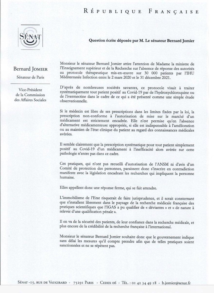 J’ai déposé ce jour une question écrite à la Ministre de l’enseignement supérieur et de la recherche relative à la recherche  manifestement illégale menée sur 30 000 personnes par l’IHU Méditerranée pendant l’épidémie #Covid_19 👇