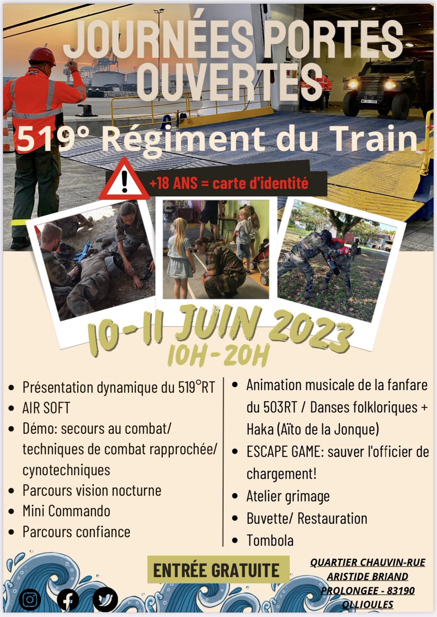 519eRt's tweet image. Aujourd’hui, nous vous dévoilons le programme de nos JPO qui auront lieu le 10 juin. N’hésitez pas à le partager et à venir nombreux ! #journeesportesouvertes #519ert #comlog #soldat #soldatfrancais #soldatdelajonque #lienarmeenation #lienarmeejeunesse #regimentdelajonque