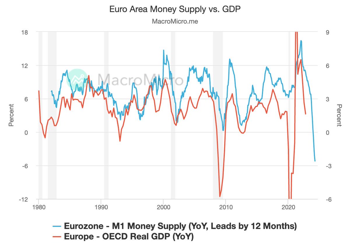 🇪🇺 Euro Area Money Supply M1 YoY has fallen to -5.2%, reaching a historic low again. 🚨
As history shows, a drop in money supply typically precedes a decline in GDP by roughly one year.
📊How this graph was created: pse.is/4u6s7t