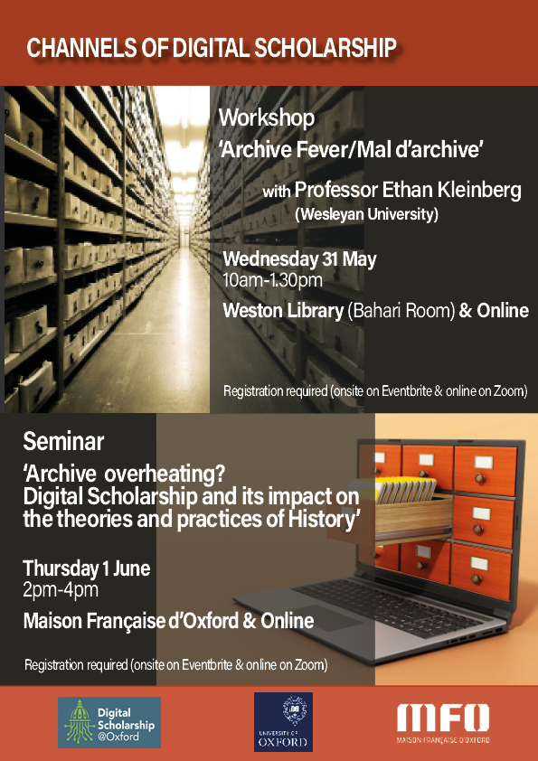 Maison Française d'Oxford (@mfoxford) on Twitter photo Don't miss the Channels of Digital Scholarship events, starting tomorrow!
For more info & registration onsite/online, follow the links for the workshop w/ <a href="/ekleinberg/">Ethan Kleinberg</a> - shorturl.at/cxU59 & the seminar shorturl.at/inNW9 Don't miss the Channels of Digital Scholarship events, starting tomorrow!
For more info & registration onsite/online, follow the links for the workshop w/ <a href="/ekleinberg/">Ethan Kleinberg</a> - shorturl.at/cxU59 & the seminar shorturl.at/inNW9