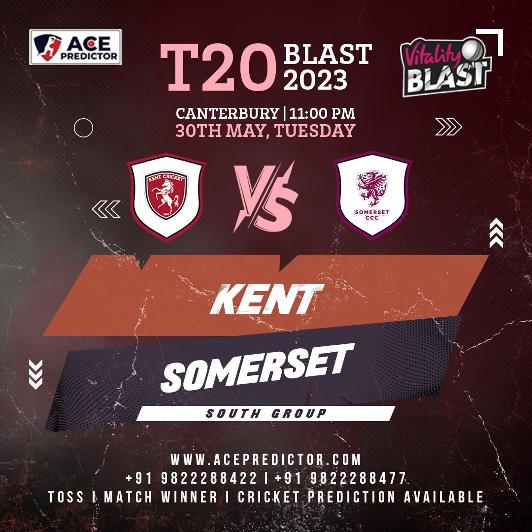 T20 BLAST 2023
30th MAY
Match 26th (11:00 PM)
Kent vs Somerset 

#cricketseason #cricketshaukeens #cricketfever #t20blast #cricketlovers #cricketers #cricketleaguelive #cricketlife #cricketmatch #cricketbat #cricketworldcup #cricketmerijaan #cricketfans #cricketclub #cricket