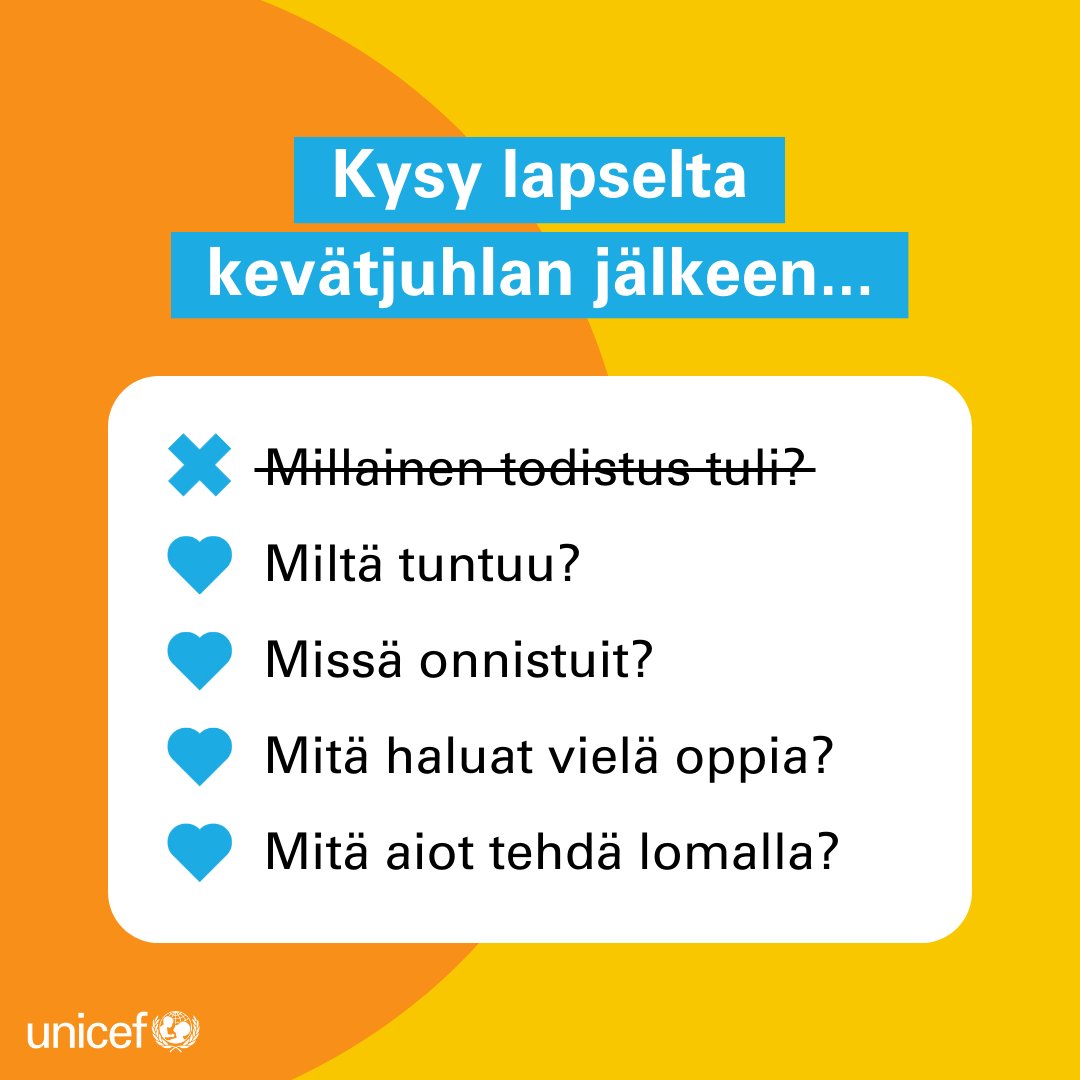 ”Minkälainen todistus tuli?” ❌
”Mikä oli kouluvuodessa kivointa?” ✅

Lapsille on tärkeää painottaa, että kouluarvosanat eivät ole ihmisarvon mittari 💙

UNICEFin #Kympintodistus muistuttaa, että jokainen lapsi on täyden kympin arvoinen.

Lataa todistus: unicef.fi/koulut/kympin-…