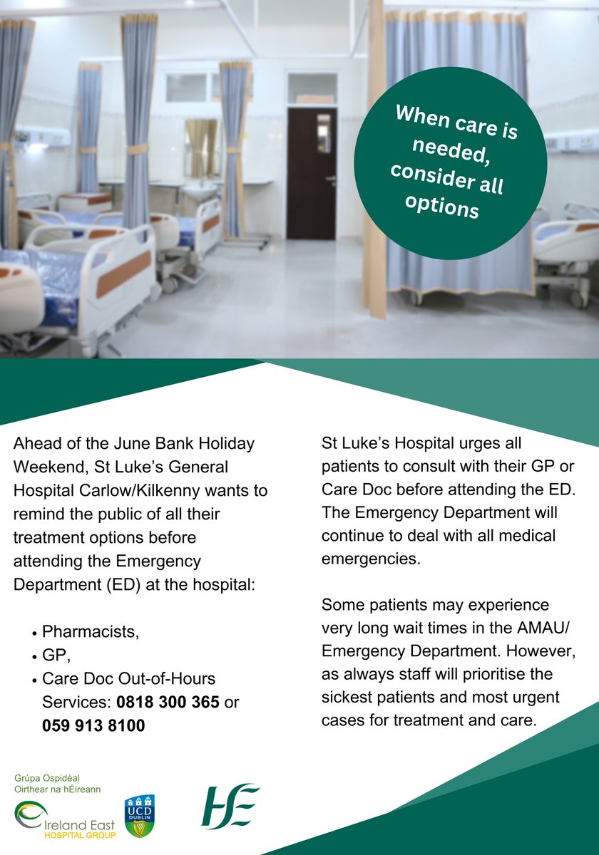 St. Luke's General Hospital Carlow/Kilkenny (@lukes_ck) on Twitter photo Ahead of the June BH Weekend, St Luke’s Kilkenny wants to remind the public of all their treatment options before attending the Emergency Department (ED) at the hospital:
- Pharmacist - GP - Care Doc Out-of-Hours Services: 0818 300365 or 059 9138100
@IEHospitalGroup <a href="/NiamhLacey6/">Niamh Lacey</a> Ahead of the June BH Weekend, St Luke’s Kilkenny wants to remind the public of all their treatment options before attending the Emergency Department (ED) at the hospital:
- Pharmacist - GP - Care Doc Out-of-Hours Services: 0818 300365 or 059 9138100
@IEHospitalGroup <a href="/NiamhLacey6/">Niamh Lacey</a>