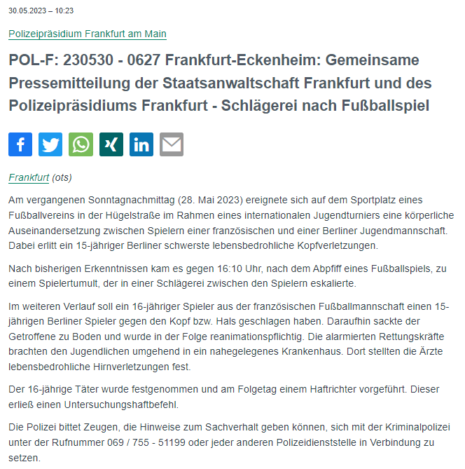 Polizei_Ffm's tweet photo. #Frankfurt #Eckenheim

⚠️ Hinweise erbeten - bitte RT 🔄

Bei einer Auseinandersetzung im Rahmen eines Fußballturniers wurden einem 15-J. lebensbedrohliche Hirnverletzungen zugefügt.

Upload-Link für Fotos &amp; Videos⤵️
https://t.co/ZSduI4hHi5

PM: https://t.co/Hs5NaltUtG https://t.co/nbPnl5uDCL