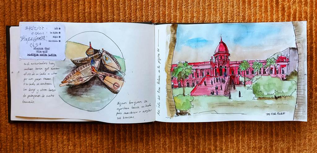 My Bengal sketchbook #architecture #trip #wanderlust #viajes #bengal #india #travel #bangla #slum #apuntesdeviaje #cuadernodeviaje #itinerario #relatos #dibujo #acuarela #watercolor #streetlife #buriganga #palace #experiences #memories #culture #arquitectasquedibujan #pinkpalace