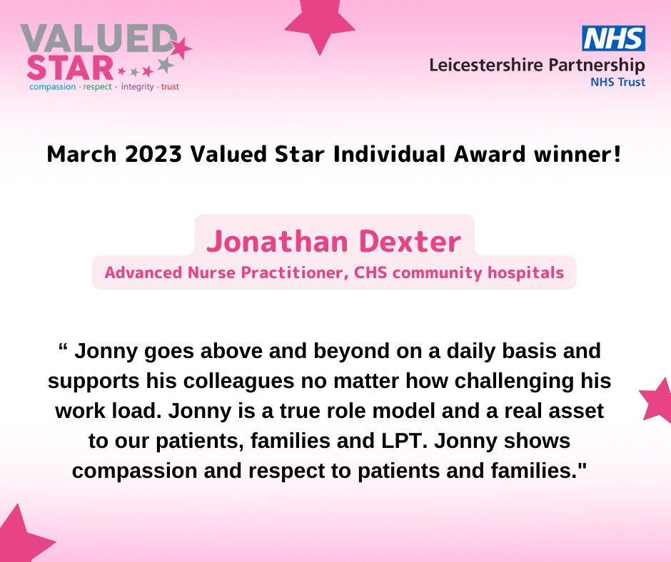 Jonathan Dexter is one of our Valued Star Individual Award winners in March! ⭐️
Jonny is an advanced nurse practitioner for CHS community hospitals and was nominated by Leon Ratcliffe. 📣
Nominations can be made on the LPT website:
leicspart.nhs.uk/about/valued-s…