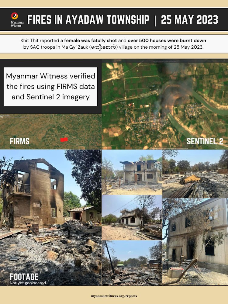🔥 Ayadaw Township  
☑️ 22.268360, 95.577377
☑️ Ayadaw, Sagaing
☑️ 25 May 2023

Khit Thit reported a female was fatally shot and over 500 houses were burnt down by SAC troops in Ma Gyi Zauk (မကျီးစောက်) village on the morning of 25 May 2023.

Myanmar Witness used FIRMS data and