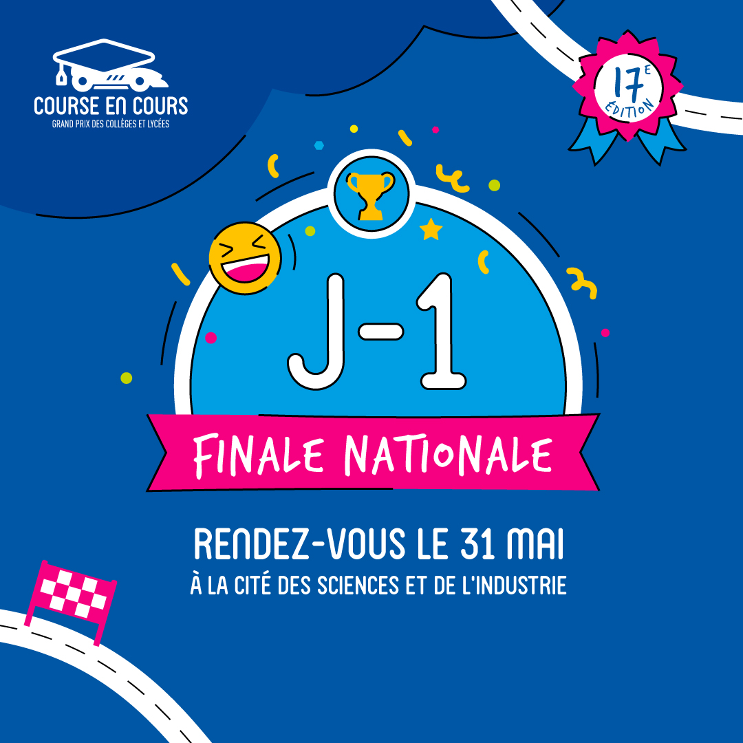 [Save The Date] Demain, c'est la grande #finale de #CourseEnCours !
C'est à la <a href="/citedessciences/">Cité des sciences et de l'industrie</a> de Paris la Villette que ça se passe, à partir de 10h ! 🤩 Pensez à prendre un bon petit déjeuner demain, vous devez être en forme pour la journée qui vous attend, riche en émotions 🙌
