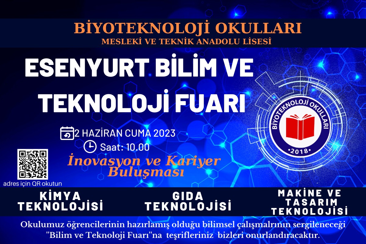 patenthareketid's tweet photo. 📢 Biyoteknoloji Okulları öğrencileri tarafından hazırlanmış bilimsel çalışmaların sergileneceği Esenyurt Bilim ve Teknoloji Fuarı İnovasyon ve Kariyer Buluşması'na davetlisiniz. 

🗓 2 Haziran Cuma
📍 Esenyurt Biyoteknoloji Okulları 
#bilim #teknoloji #patent #buluş @btokullari https://t.co/iriDJCBfij