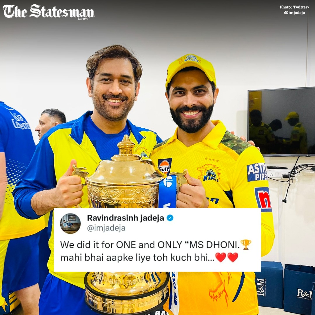 GratitudeRic's tweet photo. #congratulations

CSK batter #RavindraJadeja shared a special message for #CSK skipper #MSDhoni after winning the final against #GujaratTitans to lift their fifth #IPL2023 title. "We did it for ONE and ONLY MS DHONI. Mahi bhai aapke liye toh kuch bhi," Jadeja wrote in his tweet. https://t.co/o0ZHIc4pgT