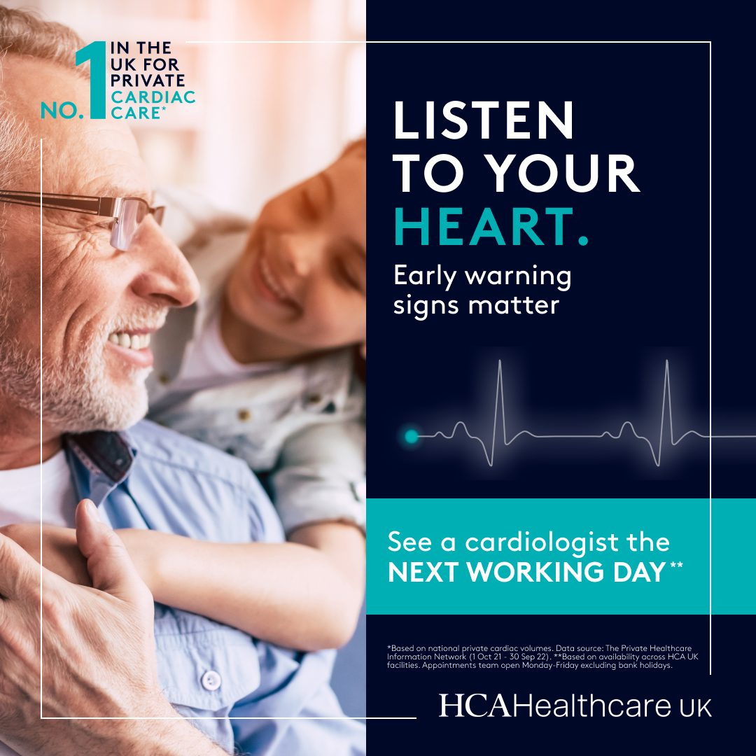 When it comes to your heart health, we understand that speed of access is essential to give you peace of mind.

At HCA UK, we offer rapid access to cardiac tests which means you can see a cardiologist the next working day*.

For more information, visit pulse.ly/cwc6kf7uj3