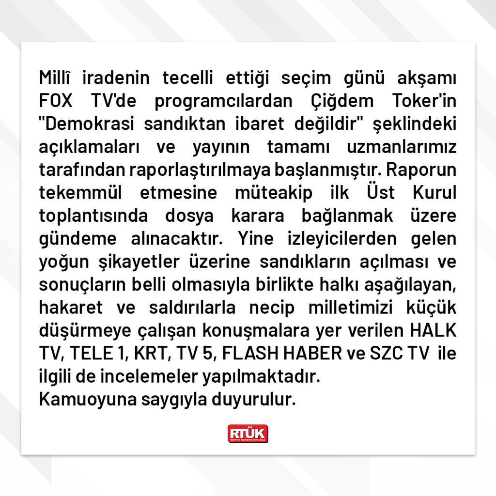 SON DAKİKA!
RTÜK; Halk TV, Tele 1, KRT, TV5, Flaş Haber ve Sözcü TV'ye inceleme başlatıldığını duyurdu..!