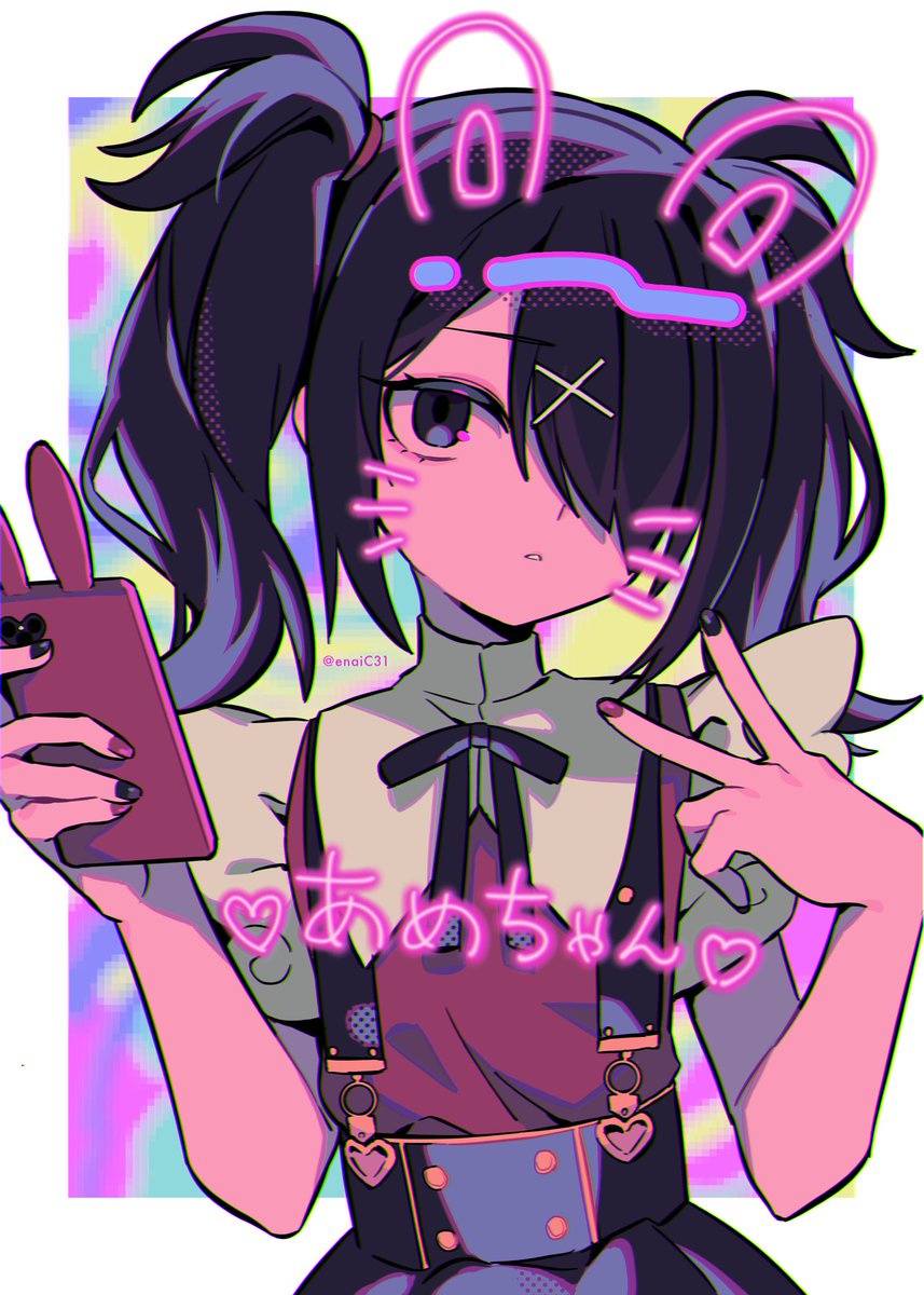 1girl suspenders solo suspender skirt black hair twintails phone  illustration images