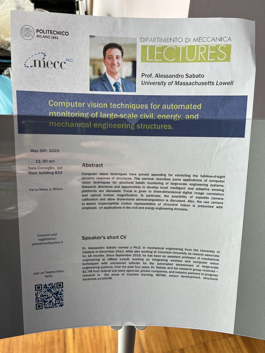 sensors_group's tweet image. Super pumped for this seminar discussing the research on computer vision for SHM going on at @UMassLowell! Thank you @polimi for organizing the event!!!