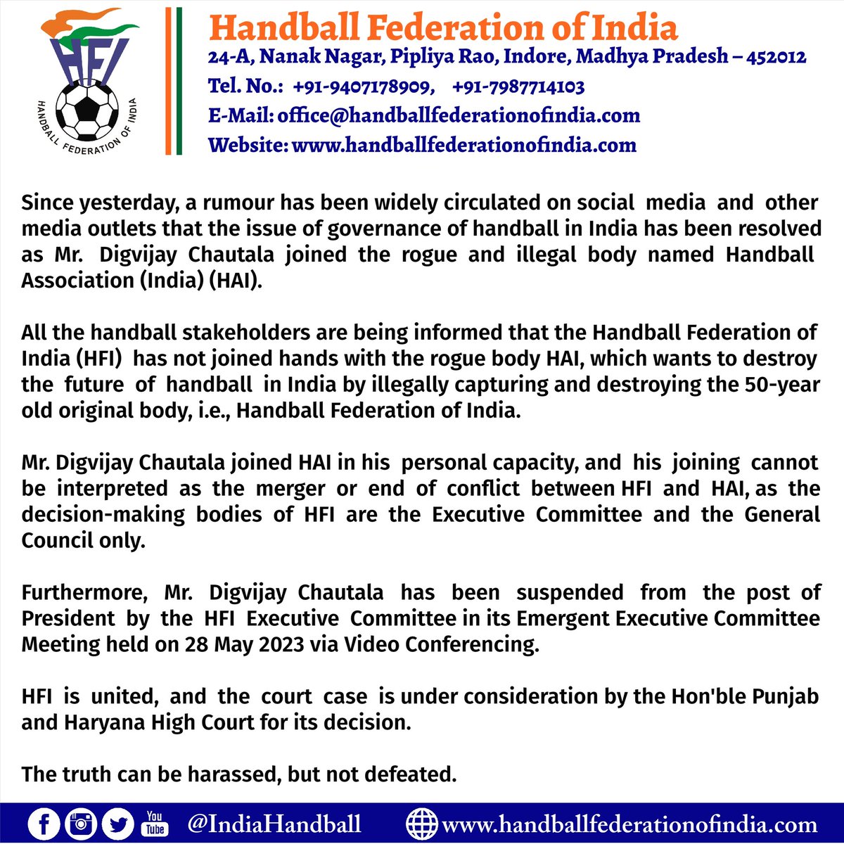 IndiaHandball's tweet photo. Statement on the current situation of handball in India
भारत में हैंडबॉल की वर्तमान स्थिति पर वक्तव्य
#HFI #HandballFederationofIndia #TruthAlwaysWins https://t.co/BgIXRm8Buf