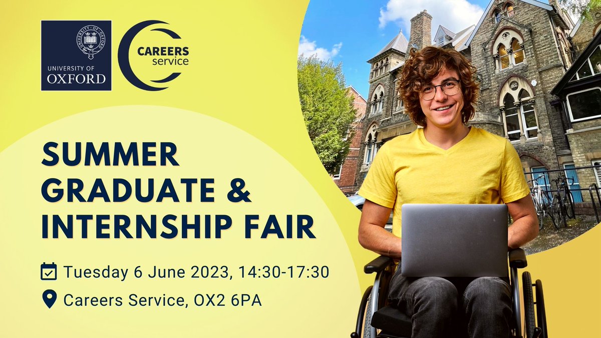 Only 1️⃣ week to go until the 
☀ Summer Graduate and Internship Fair 

@UniofOxford students, researchers and alumni are invited to meet recruiters and find out about the opportunities available.

📅 Tuesday 6 June, 14:30-17:30
📍 @OxfordCareers

Sign up: careers.ox.ac.uk/summer-fair