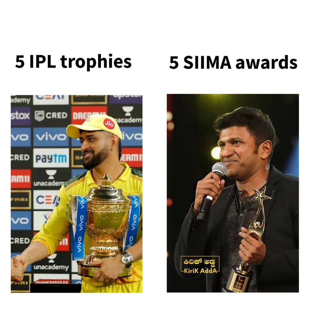 5 SIIMA Awards
5 IPL Trophies

The Two Legends In Their Respective Fields 💥

#MSDhoni  #DrPuneethRajkumar
