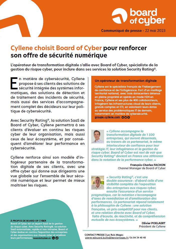 Communiqué | Partenariat entre <a href="/CylleneFR/">Cyllene</a> et Board of Cyber

🟠 Les clients de Cyllene pourront bénéficier de #SecurityRating® et évaluer en continu les risques cyber de leur organisation et de leur écosystème.

#SecurityRating #cybersécurité #NotationCyber