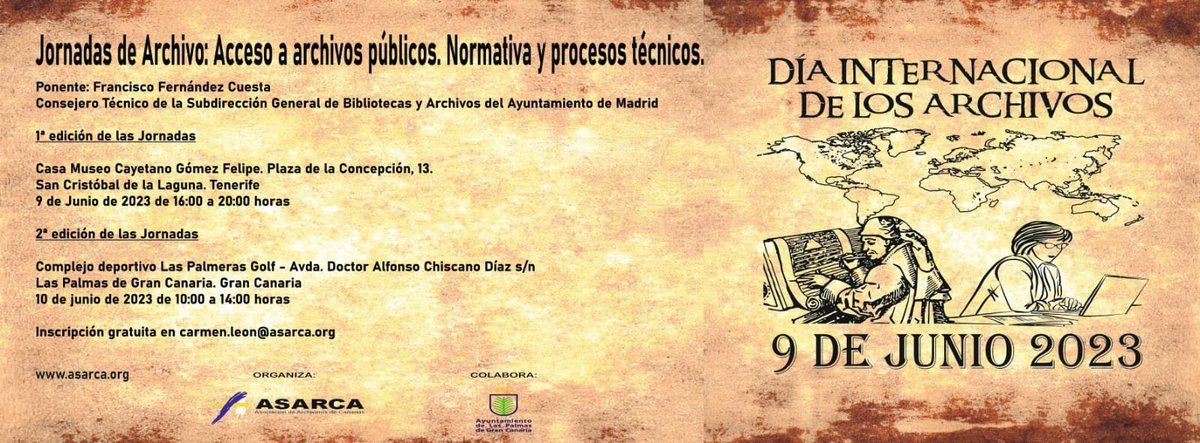 asarca_asoc's tweet photo. Este año celebramos nuestro día por todo lo alto 😜
Acceso a archivos públicos. Normativa y procesos técnicos. Paco Fernandez. 

La Laguna. 9 de junio
Las Palmas de Gran Canaria 10 de junio

Inscripcion gratuita en carmen.leon@asarca.org
#archivos  @asarca_asoc  @pacofernandez https://t.co/YdUIOYa4e5