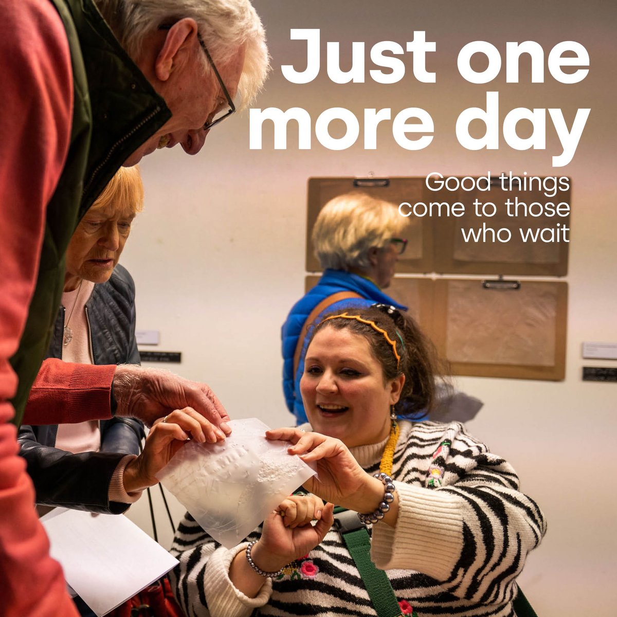 Just one more day!
Good things come to those who wait...

Join us for Artwalk, Wednesday 31 May, 17:00 – Late.

👉 zurl.co/luUd 

[ID: One person is sat down and two others stood up. All three are looking at and touching a piece of translucent paper.]