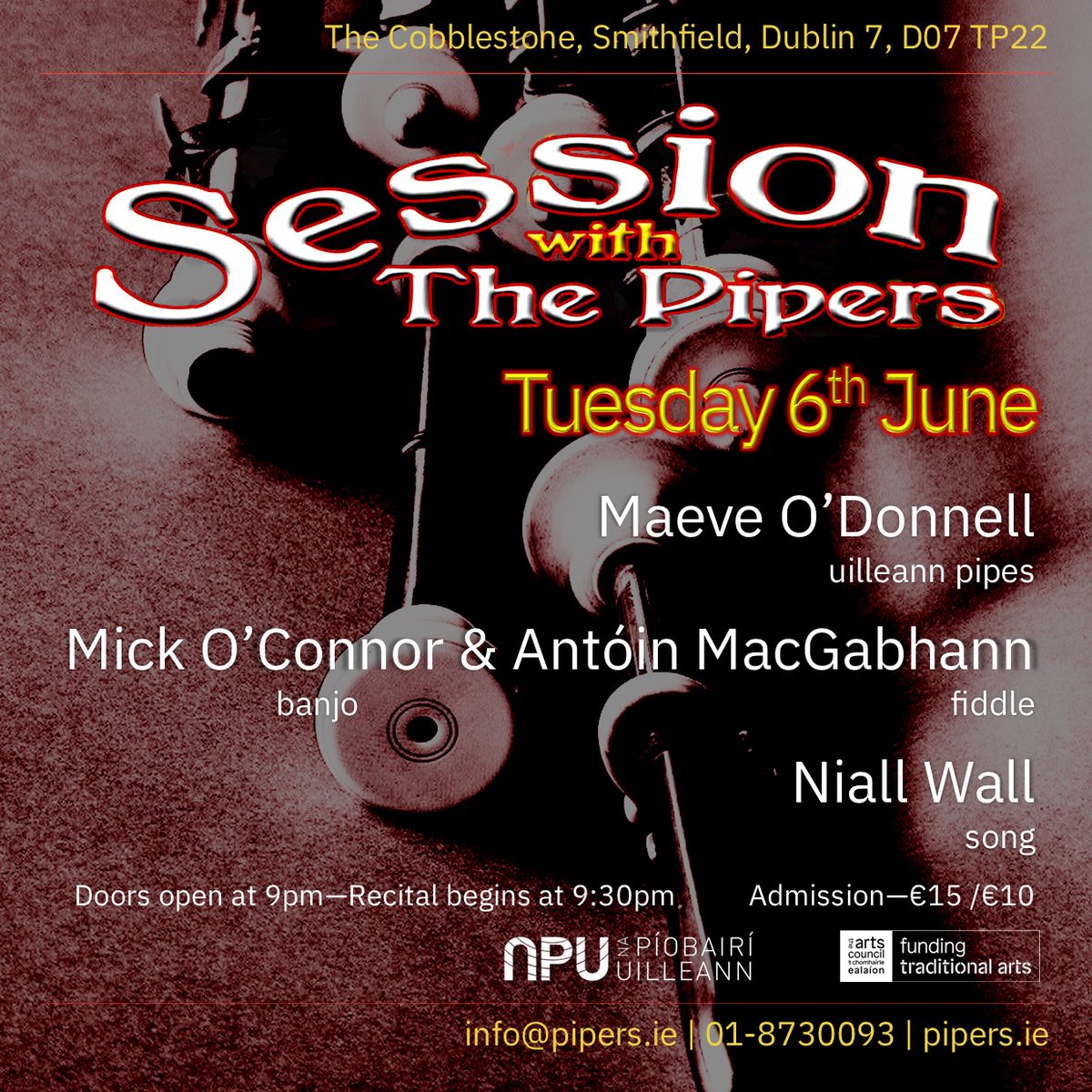 Join us in @CobblestoneDub next Tues 6th June for #SessionwiththePipers! Tickets: loom.ly/gTdv6q4

This month's performers are Maeve O'Donnell, Mick O'Connor, Antóin MacGabhann & Niall Wall!

#napiobairi #uilleann #sharingthesound #performance @artscouncil_ie