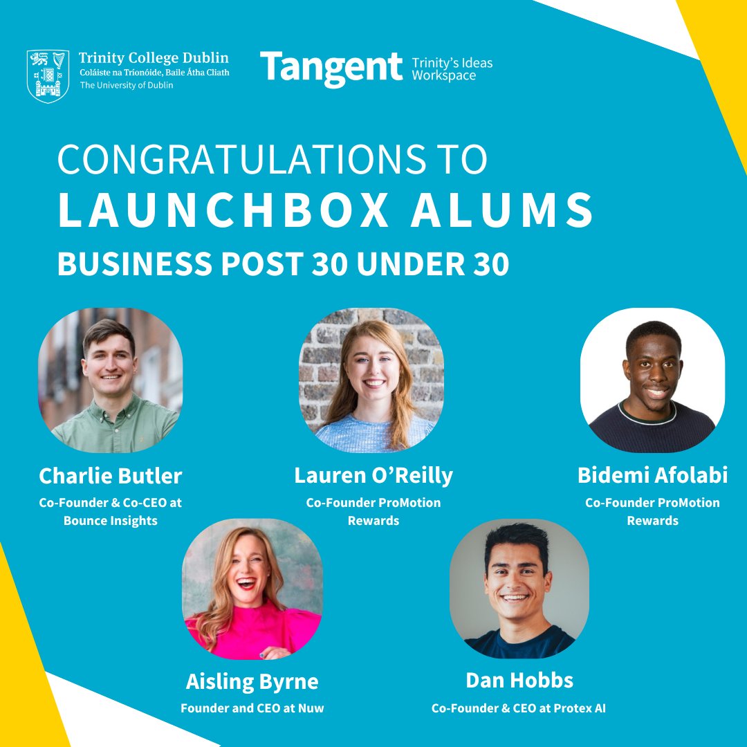 LaunchBox (@tcdlaunchbox) on Twitter photo INCREDIBLE NEWS ๐
LaunchBoxers Dan Hobbs (<a href="/ProtexAI/">Protex AI</a>), Aisling Byrne (<a href="/wearenuw/">Nuw.</a>), Charlie Butler (<a href="/BounceInsights/">Bounce Insights</a>), Lauren OโReilly and Bidemi Afolabi (@usepromotion) have been recognized in <a href="/businessposthq/">Business Post</a> 30 UNDER 30 ๐๐
Read the article here: hubs.la/Q01Rx8Mt0 INCREDIBLE NEWS ๐
LaunchBoxers Dan Hobbs (<a href="/ProtexAI/">Protex AI</a>), Aisling Byrne (<a href="/wearenuw/">Nuw.</a>), Charlie Butler (<a href="/BounceInsights/">Bounce Insights</a>), Lauren OโReilly and Bidemi Afolabi (@usepromotion) have been recognized in <a href="/businessposthq/">Business Post</a> 30 UNDER 30 ๐๐
Read the article here: hubs.la/Q01Rx8Mt0