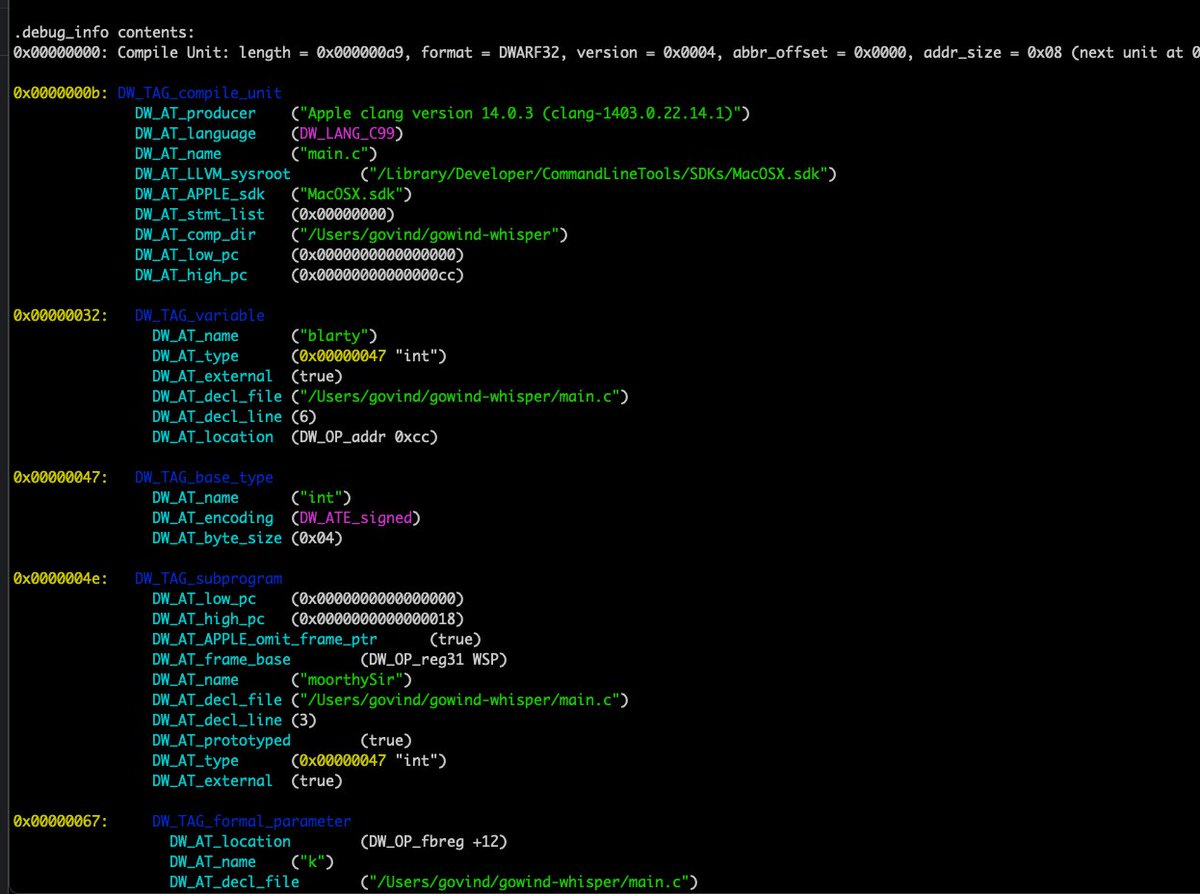 Ever wondered how debuggers can figure out the name of the variables, the fns being called , the type of the structure etc ? DWARF is a std. way of embedding this info into the executable/object file. you can inspect this using the `dwarfdump` tool on macOS (thanks chatGPT).