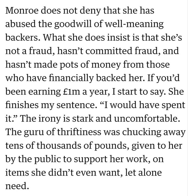 @workhorsewire @EveryDoctorUK Many of us have been calling her out on this, but like any good narcissist, her flying monkeys will protect the queen.

See also Jack Monroe - built her career on lies and deception, and earns thousands each month from gullible simps, and blows it on drink drugs and sideboards