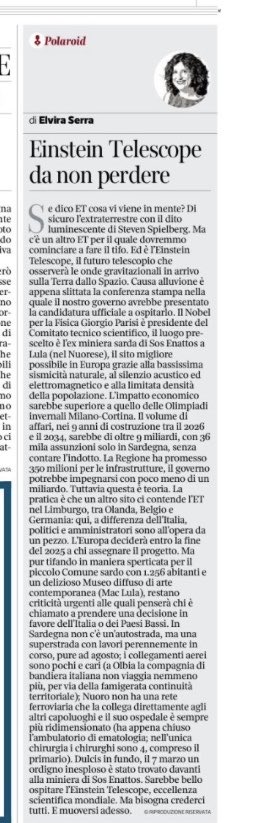 Einstein Telescope, Sardegna, grazie Elvira Serra #einsteintelescope ⁦@elvira_serra⁩ ⁦@Corriere⁩