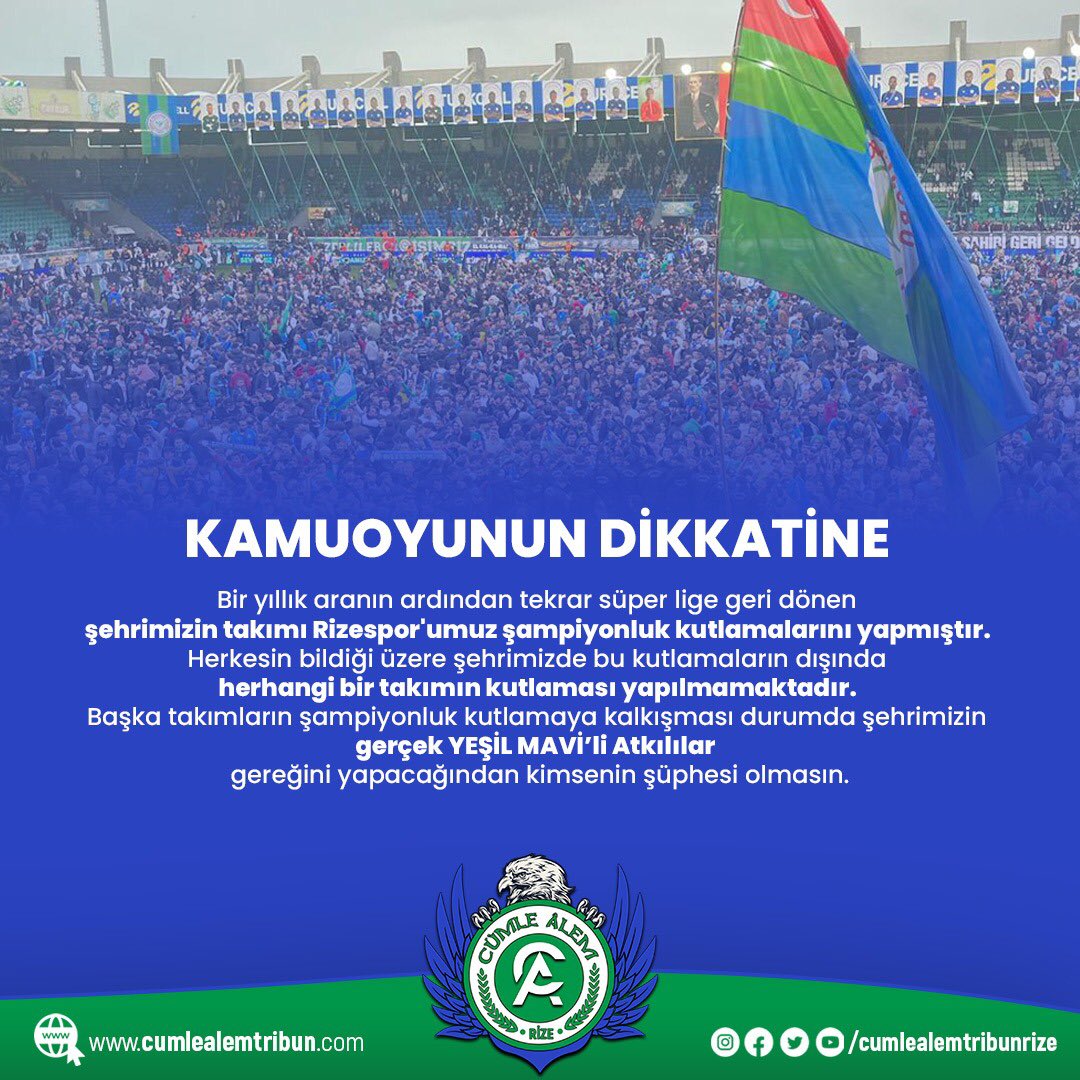 KAMUOYUNUN DİKKATİNE

Herkesin bildiği üzere şehrimizde bu kutlamaların dışında herhangi bir takımın kutlaması yapılmamaktadır. 
Başka takımların şampiyonluk kutlamaya kalkışması durumda şehrimizin gerçek YEŞİL MAVİ’li Atkılılar  gereğini yapacağından kimsenin şüphesi olmasın.