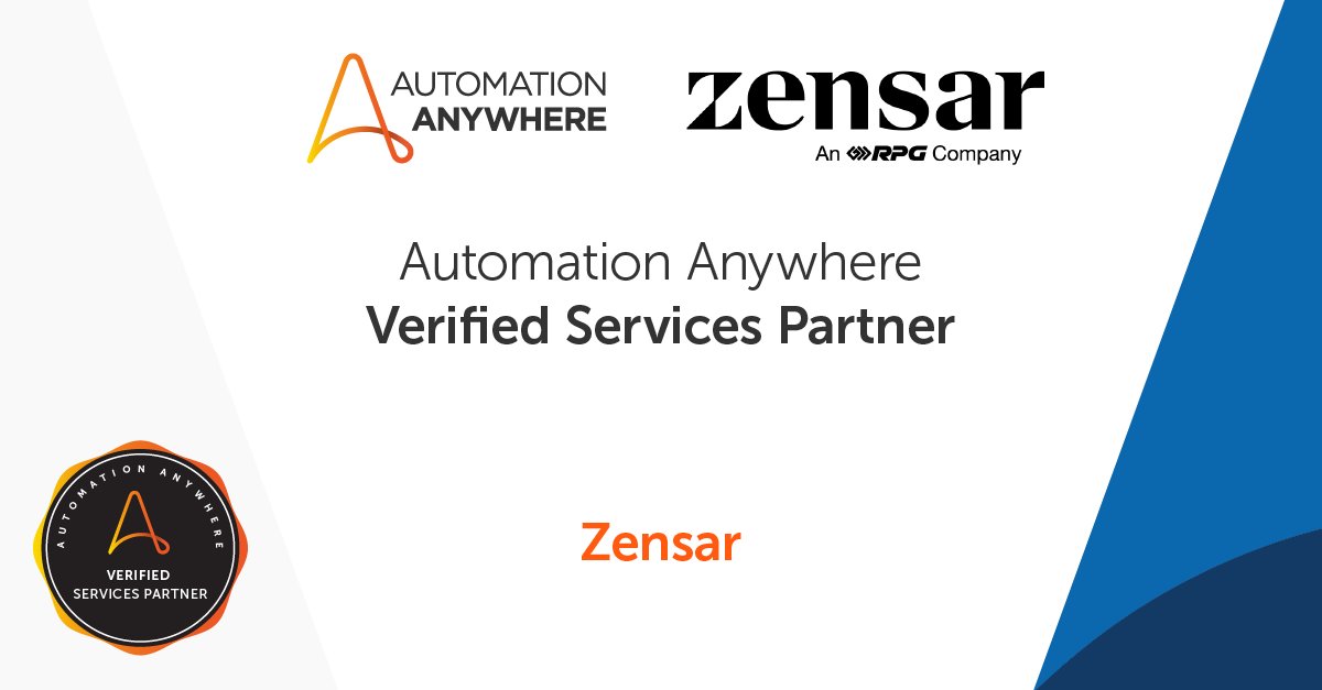 Zensar's tweet image. Thrilled to announce that Zensar has achieved the prestigious Verified Services Partner (VSP) status with the industry-leading RPA platform, @AutomationAnywh . 

#AutomationAnywhere #VSPstatus #AutomationExcellence #DigitalTransformation #ThinkVelocity