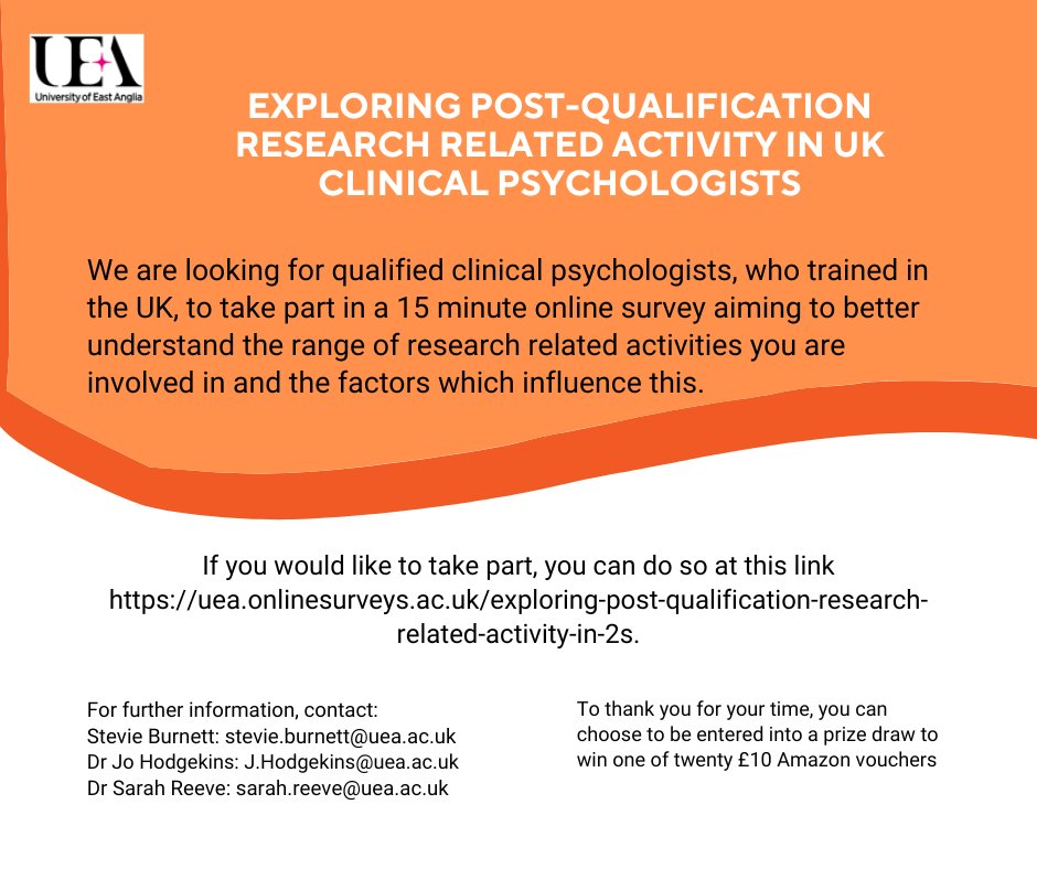 Recruiting qualified UK Clinical Psychologists for a short online survey regarding their research experiences.

Please share and take part if you can! To find out more and take part click: tinyurl.com/5n9xhtsm
