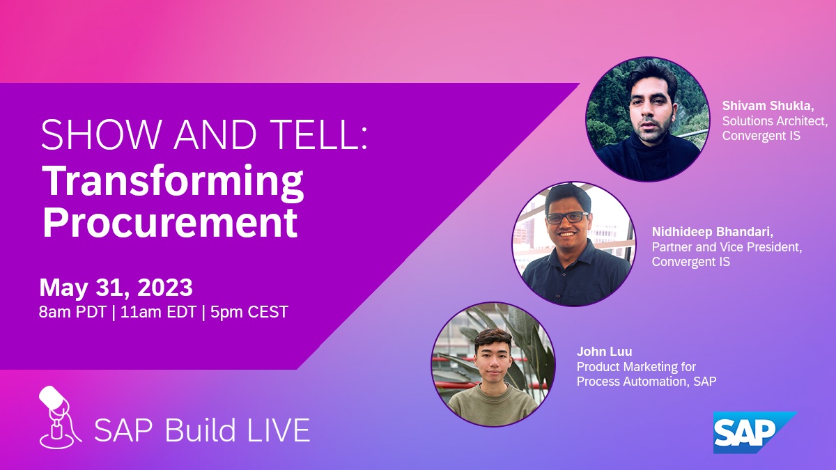 martijn_ras's tweet image. 📣 #SAPBuilders! Join us live on May 31 for the first SAP Build LIVE: Show and Tell, where we’ll chat live with SAP partner @Convergent_IS and explore how #SAPBuild solutions can help improve procurement processes 🤖
Register now to save a seat ▶️ imsap.co/6017OS9zP