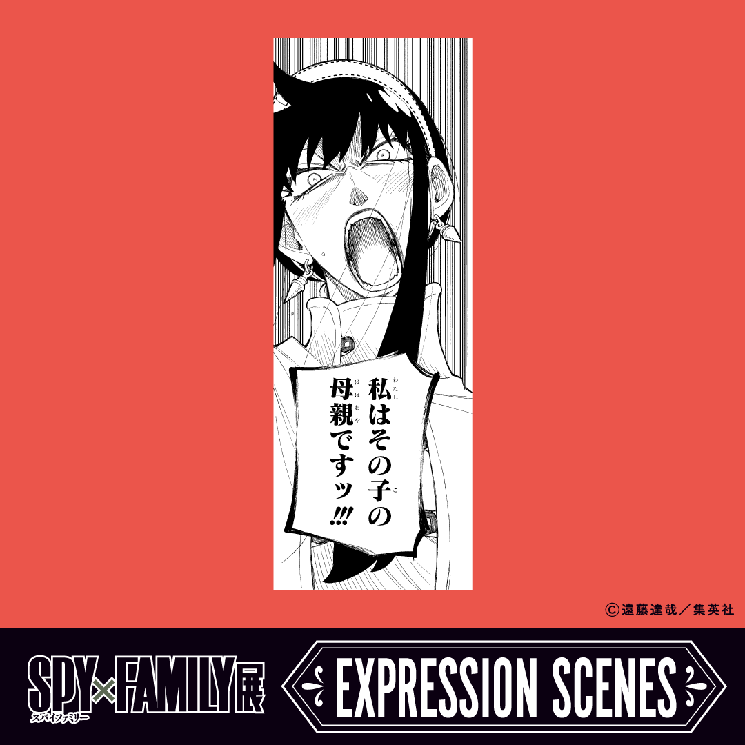 【#SPY_FAMILY EXPRESSION SCENES】
母は強い!!（2巻7話）

アーニャを狙うチンピラたちを一喝！この出来事で、母親役に悩んでいたヨルの迷いも晴れる。

#SPY_FAMILY展　#スパイファミリー