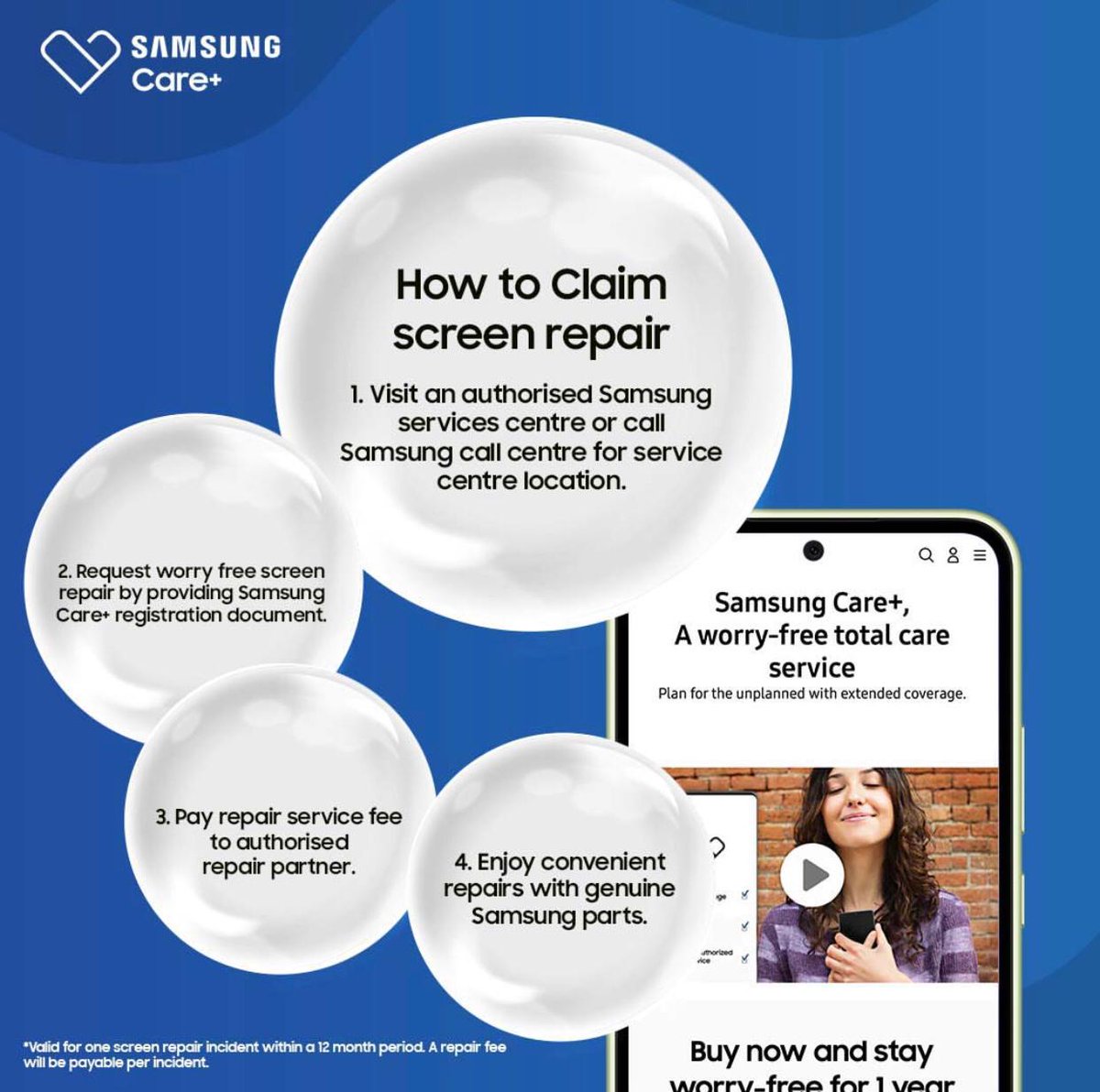 How to claim  screen repair from @SamsungMobileKE 

Visit an authorized Samsung services centre or call Samsung call centre for service centre location

Request worry free screen repair by providing #SamsungCarePlus registration documents

#GalaxyASeriesKE
#AwesomeIsForEveryone