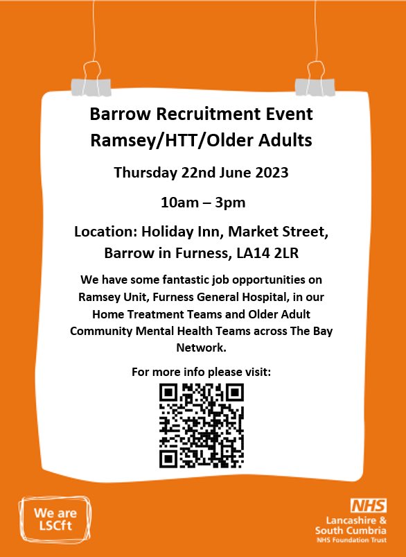 Interested in working in Mental Health in Barrow and across South Cumbria? For more details see lscft.nhs.uk/recruitment/ev…