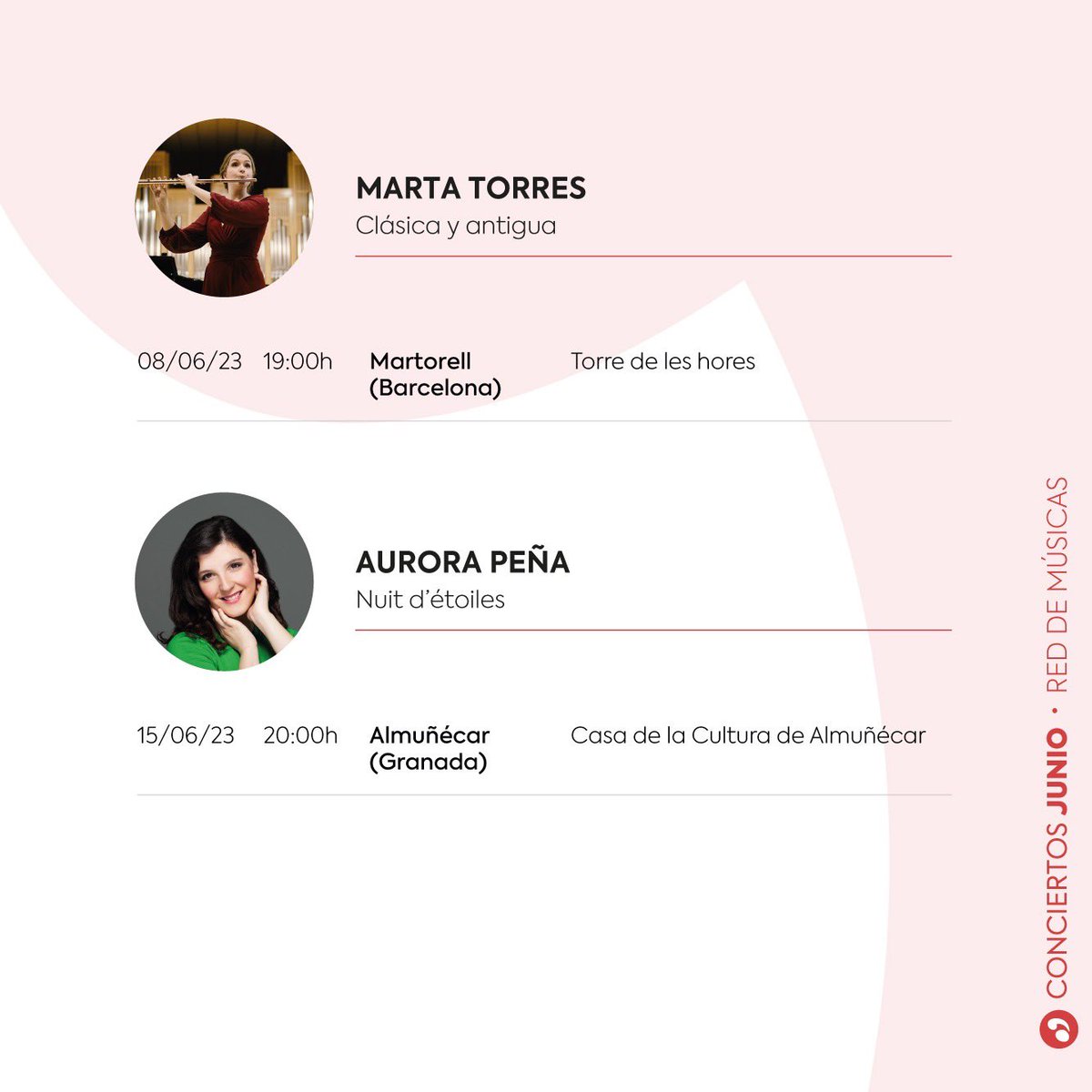 jmspain_'s tweet photo. ¡Disponible la programación de #junio  de #RedDeMúsicas 🎶

Conciertos de Sara Bañeras, Jorge Gresa, Serendipia Ensemble, Rafael Quirant, Marta Torres, Aurora Peña y Laure Cholé ✨

👩🏼‍💻 También podéis consultar la programación en nuestra web
#jmspain #conciertos #music https://t.co/wrixpvRY0A