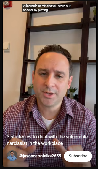 3 strategies to deal with the vulnerable narcissist in the workplace
Be selective about personal details we reveal to a co-worker because they may use this information in a way to devalue us or assassinate our character with that information. They try to create impression our life is screwed in some way.
That would be the way to knock us down and propel themselves especially if there is promotion. Don't engage with co-worker who is having anger outburst that seems to be driven by unfairness or injustice or petty complaint.
If it is completely legitimate they should be able to take that to management. Getting sucked into situation that does not really involve us can be a barrier to us successfully completing our work objectives. Redirect slander.
“What you think about so and so”. Vulnerable narcissist will store our answer by putting it in their back pocket, twist it into something it's not and use it against us for some sort of self gain.