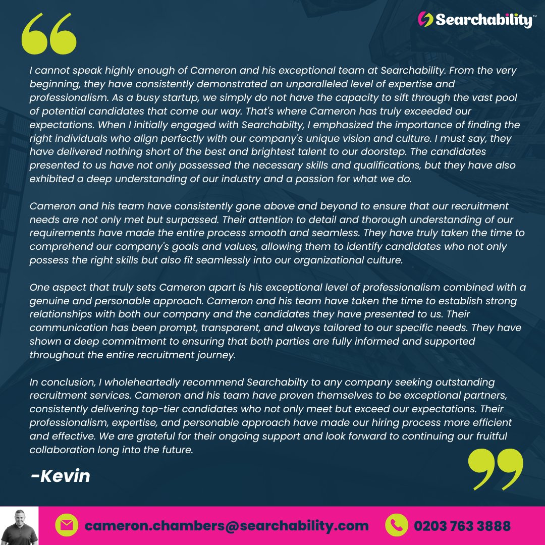 Absolutely fantastic words from a client I am helping build their team for a AAA Game Studio!

Not enough words on Twitter to post how happy I was to receive this review, if you are looking to build your #gamestudio give me a shout! 

#gamesector #gamerecruitment