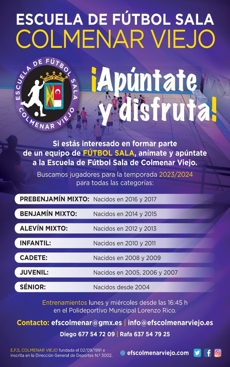 👉Toca ya planificar la próxima temporada
1er objetivo que lleguen más niños y niñas al FÚTBOL SALA
Quedan 2/3 semanas de entrenamientos abiertos para que vengáis a probar
Tu decides, si te gusta, comienzas la pretemporada
¡Acércate al FÚTBOL SALA!
E.F.S Colmenar Viejo
🖤💜❤️