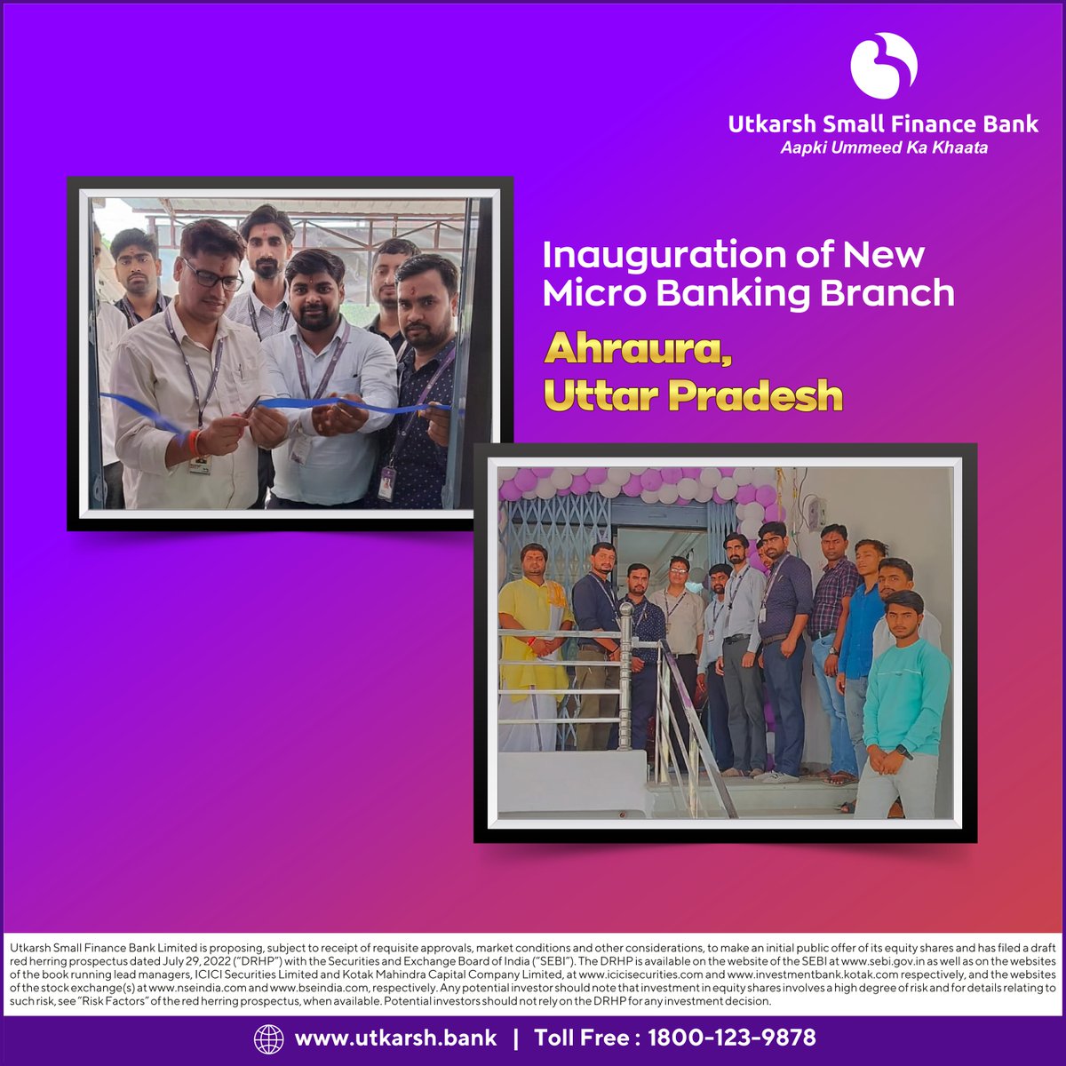 Utkarshsfbl's tweet photo. Utkarsh Small Finance Bank Ltd. is glad to share the happiness of its extending reach. Our newly inaugurated Micro Banking Branch is all set to give wings to new dreams at Ahraura, Uttar Pradesh.

#UttarPradesh #Branchlaunch #MicroBanking #Utkarsh #Bank #Utkarshsmallfinancebank https://t.co/s1F4xxwpti