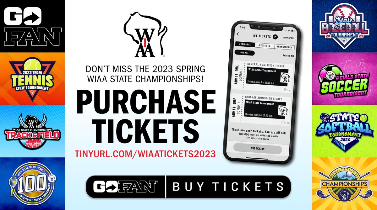 Over the next 3 weeks, 199 individuals & 26 teams will earn their place as WIAA State Champions!🏆 Tickets are available online & must be redeemed on a mobile device. There will be no cash sales. TICKETS ➡️ tinyurl.com/wiaatickets2023 DIGITAL TICKET FAQ ➡️ docs.google.com/document/u/2/d…