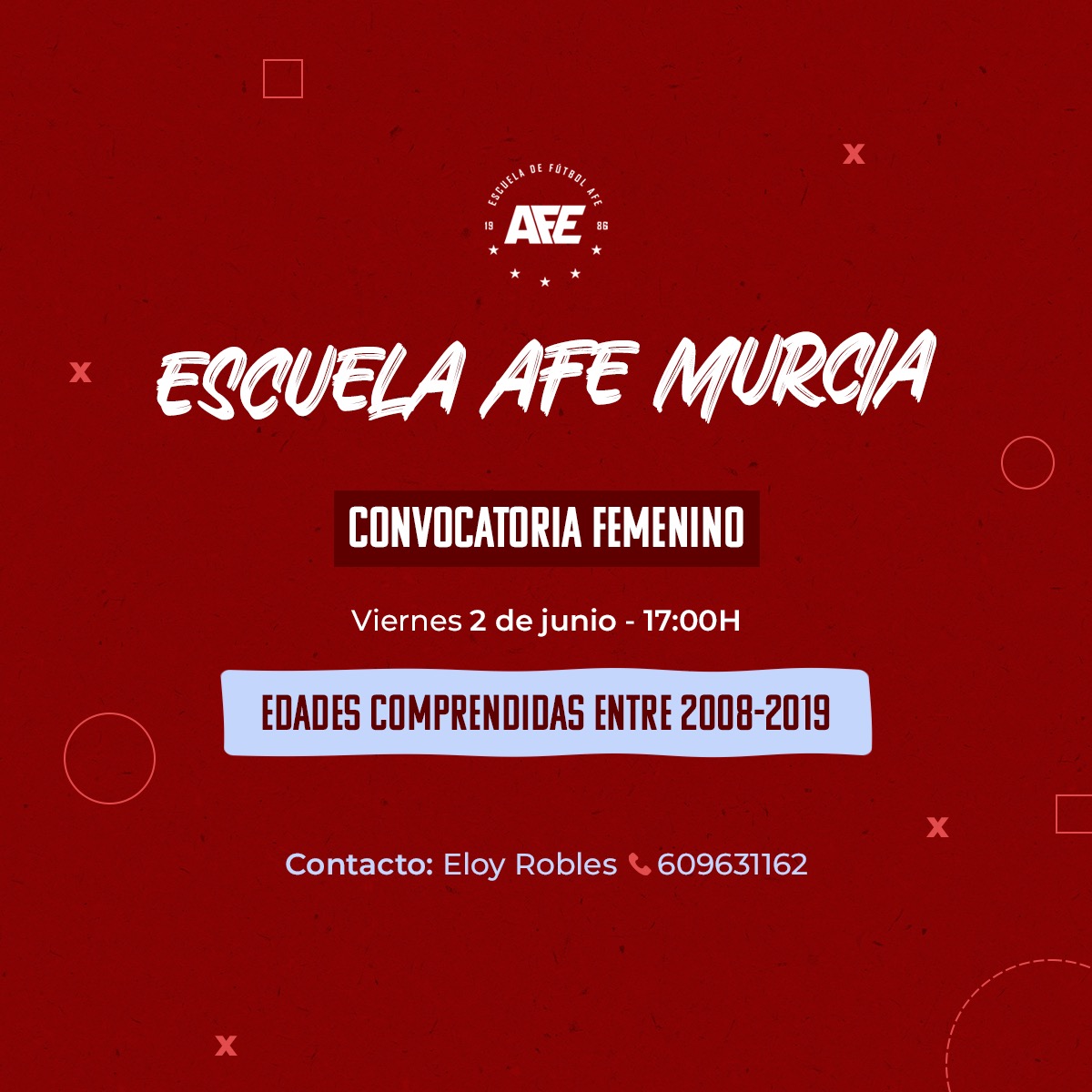 ‼️ MURCIA ‼️

Qué ganas tenemos de crecer en #EscuelasAFE con un equipo femenino en Murcia ⚽🏃‍♀️

✅ Este viernes, 2 de junio, realizamos las pruebas para formar el equipo! 

📲 Escríbenos o contacta con Eloy Robles a través del teléfono indicado.

¡Te esperamos! 😃